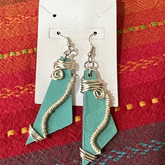 Twisted Creations Jewelry - turquoise wooden planks with wire wrapped silver coiling for a one of kind piece